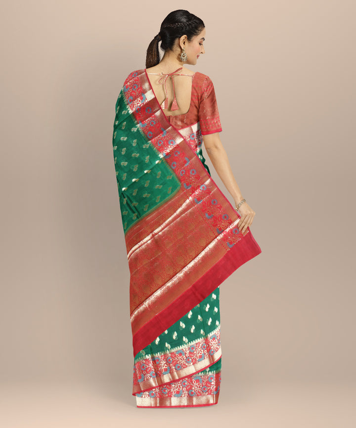 Dark green red silk handloom banarasi saree