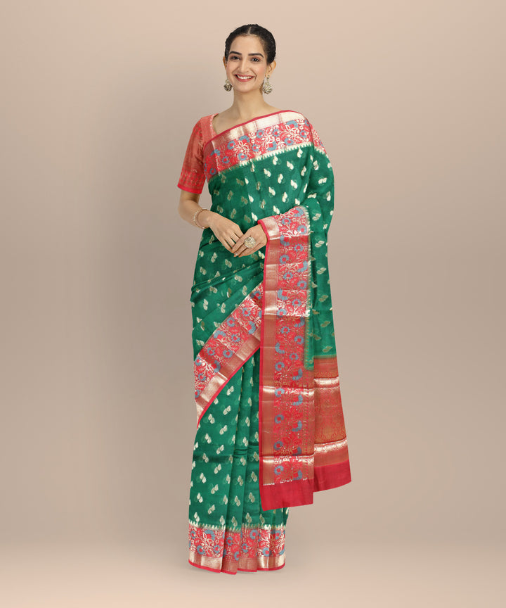 Dark green red silk handloom banarasi saree