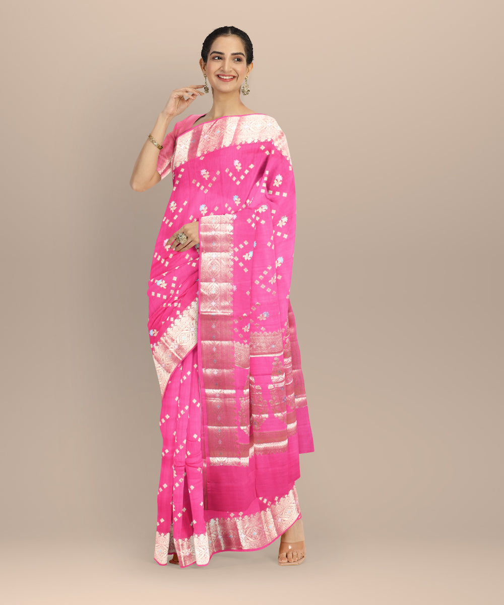 Pink silver zari handloom silk banarasi saree