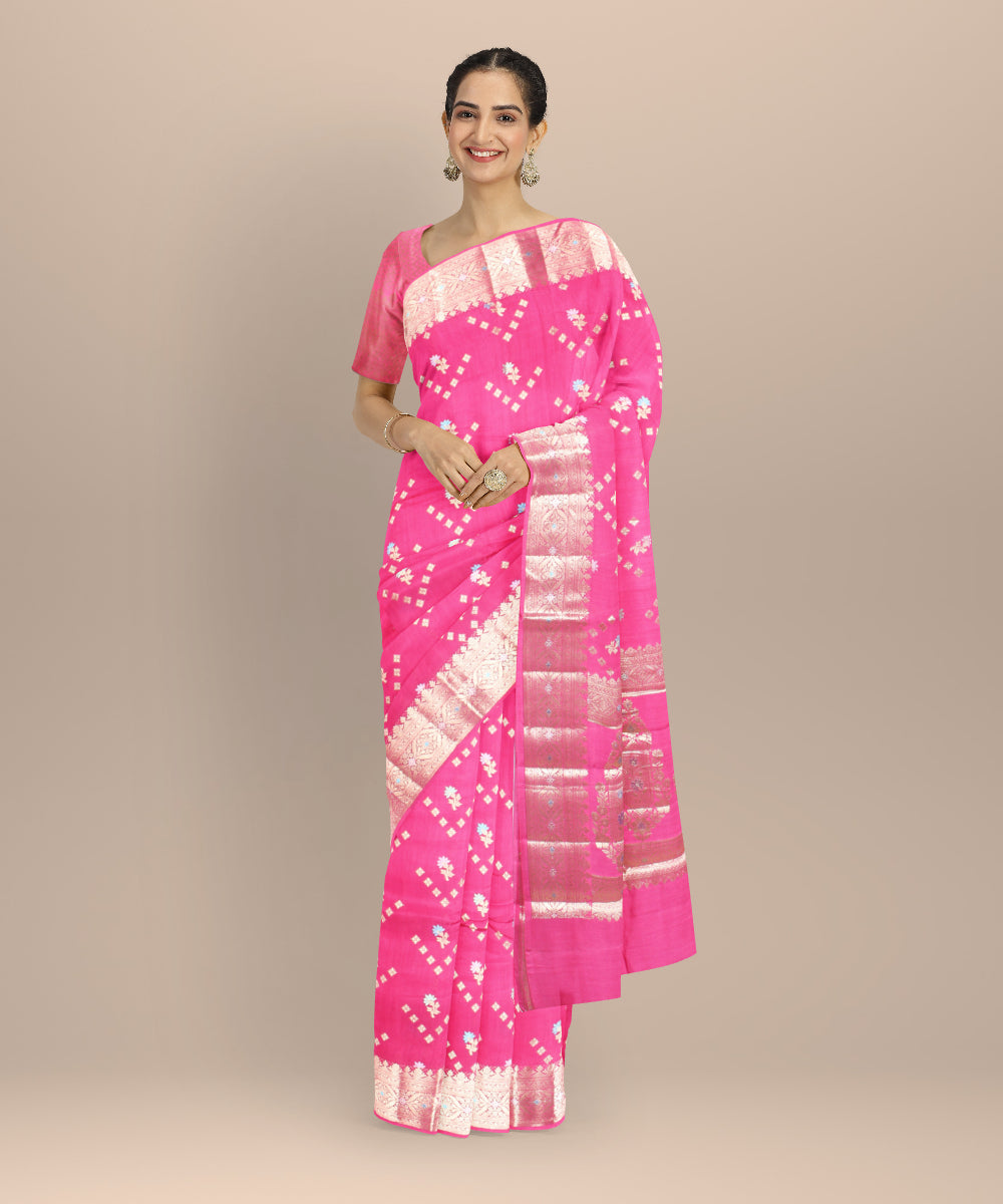 Pink silver zari handloom silk banarasi saree