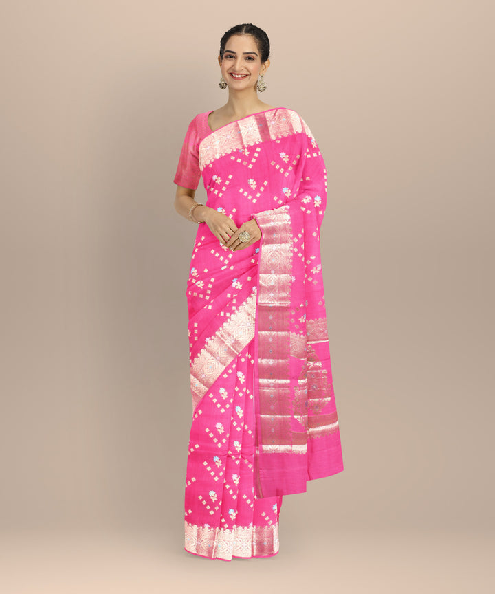 Pink silver zari handloom silk banarasi saree