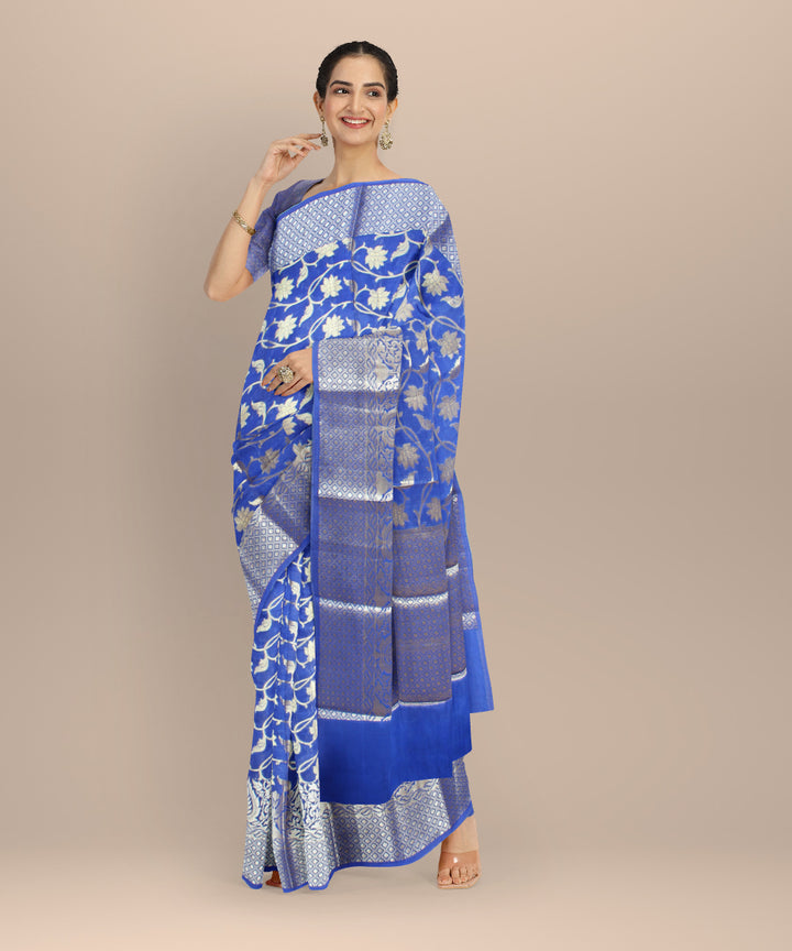 Navy blue wide border silk handloom banarasi saree
