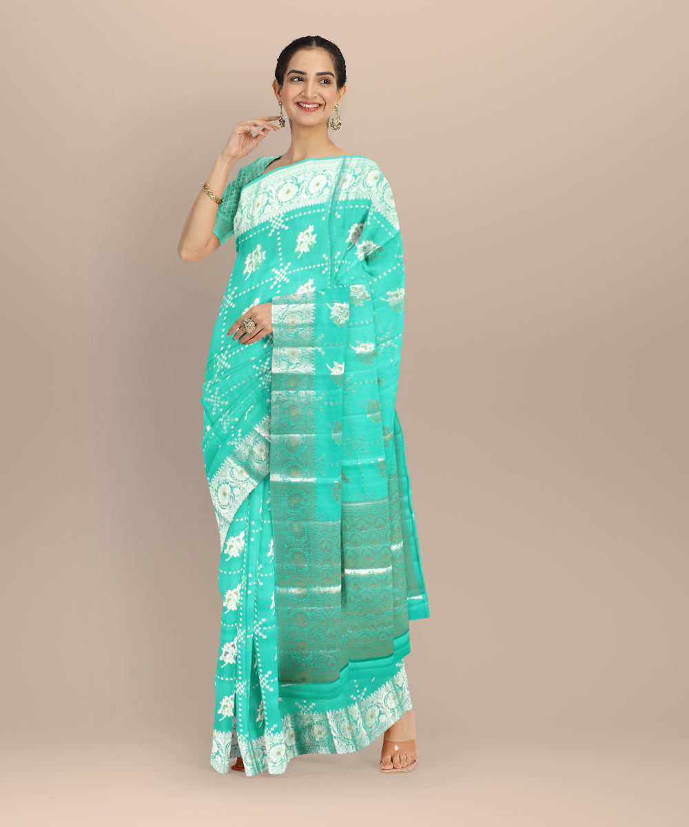 Teal green silver zari silk handloom banarasi saree