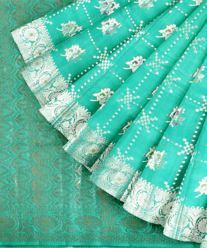 Teal green silver zari silk handloom banarasi saree