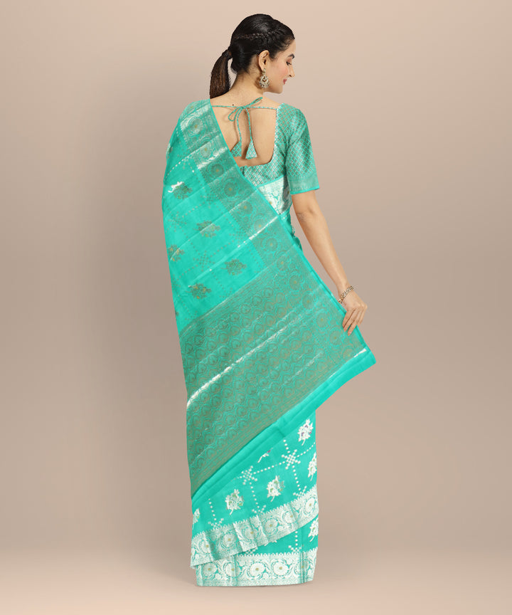 Teal green silver zari silk handloom banarasi saree