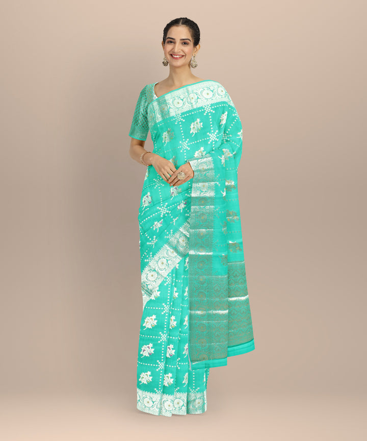 Teal green silver zari silk handloom banarasi saree