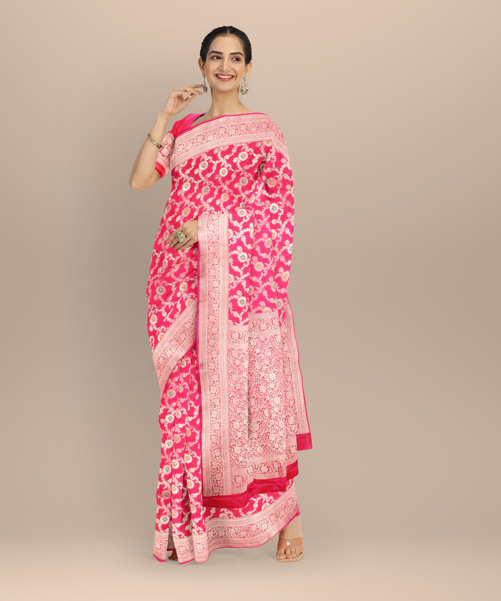 Pink silver zari silk handloom banarasi saree