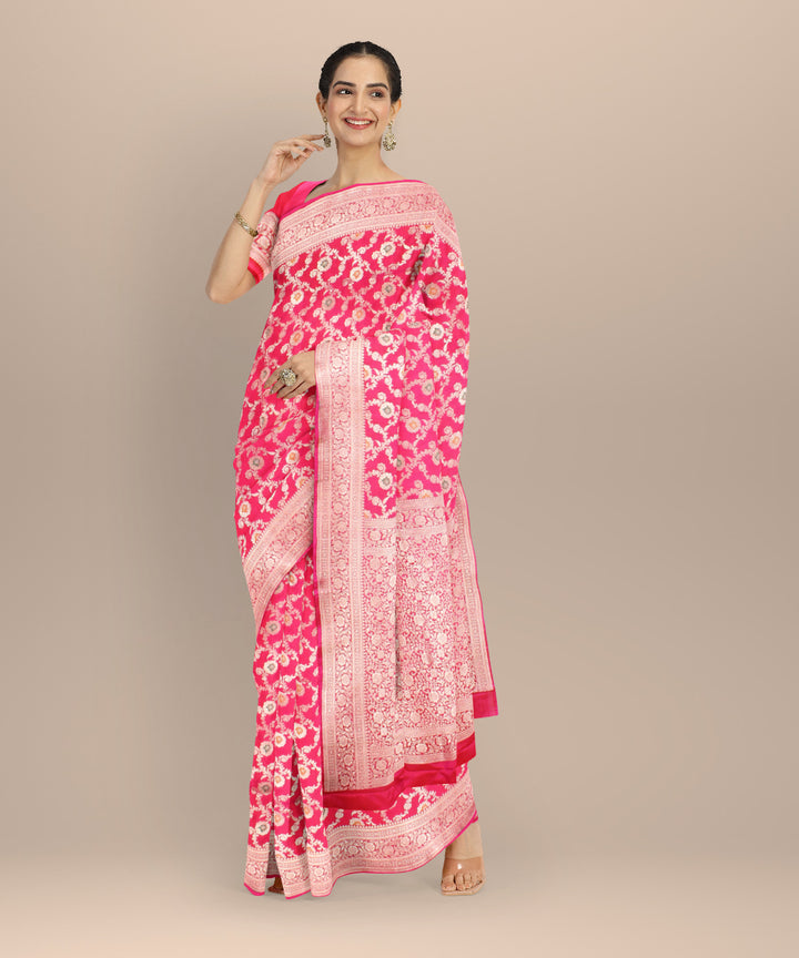 Pink silver zari silk handloom banarasi saree