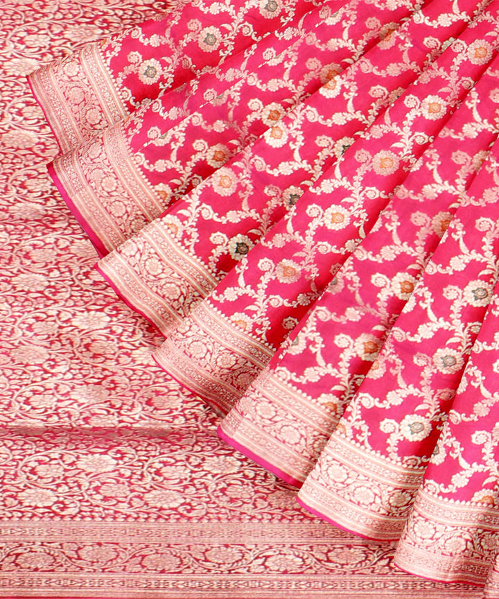 Pink silver zari silk handloom banarasi saree