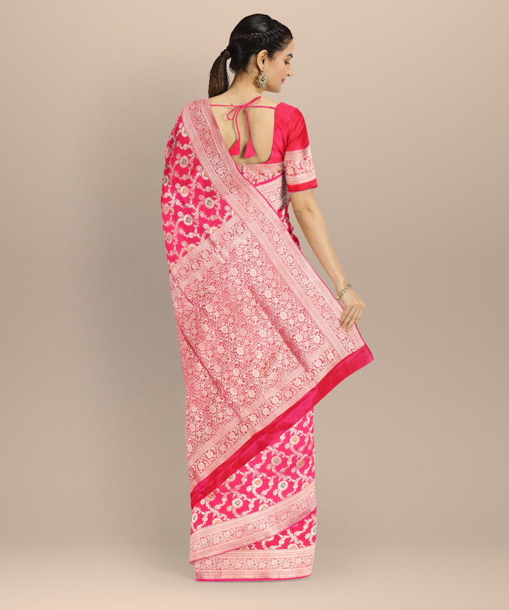 Pink silver zari silk handloom banarasi saree
