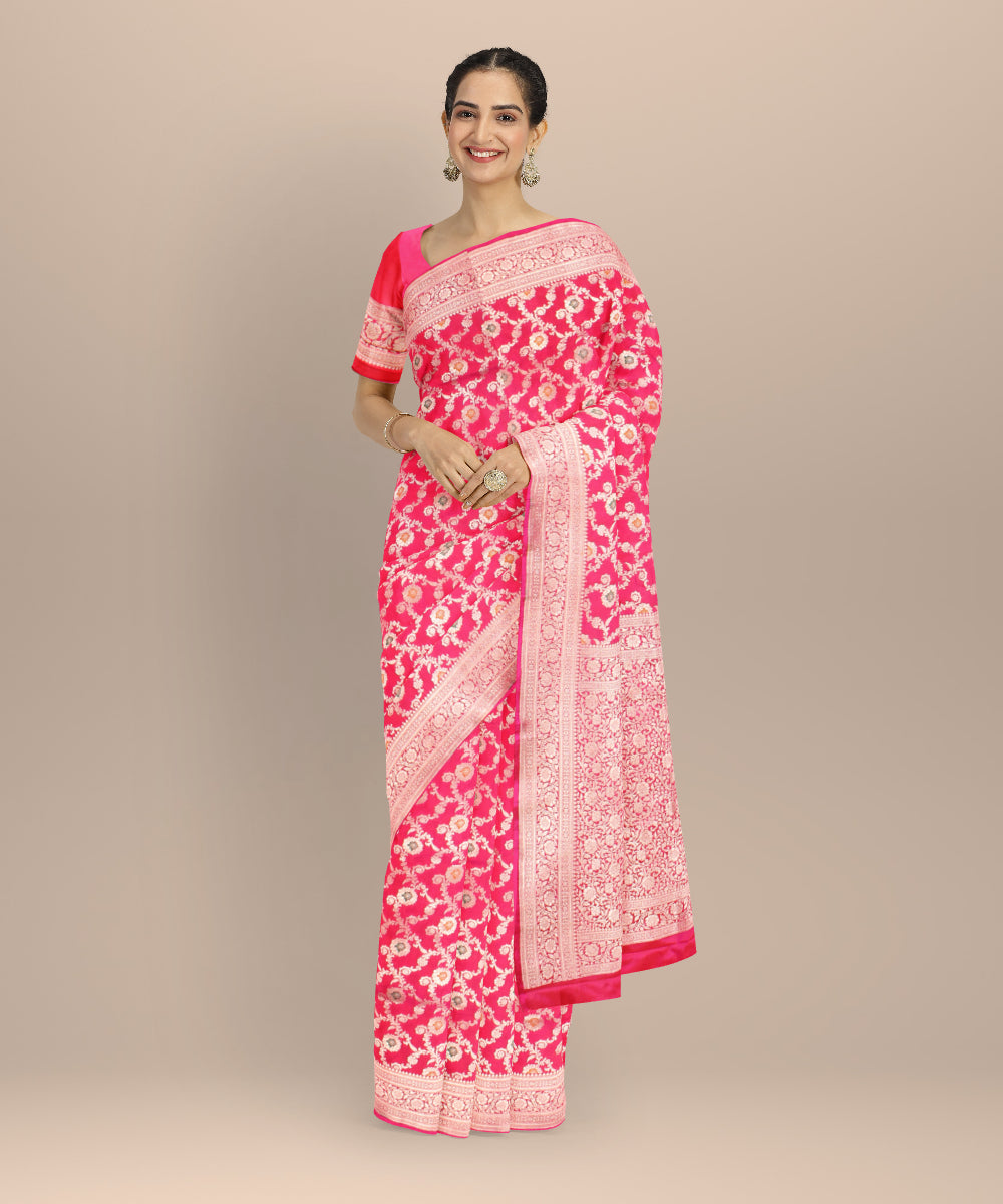 Pink silver zari silk handloom banarasi saree