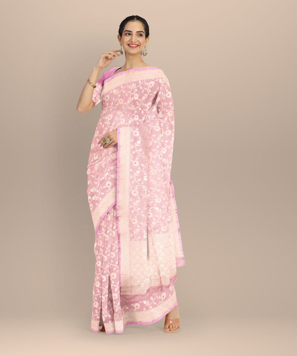 Peach silver zari silk handloom banarasi saree
