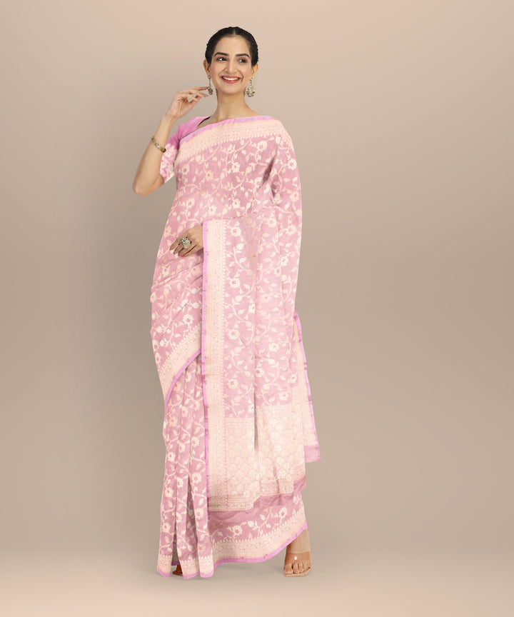 Peach silver zari silk handloom banarasi saree