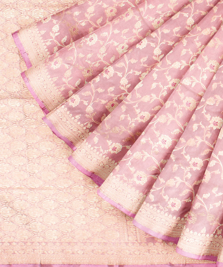 Peach silver zari silk handloom banarasi saree