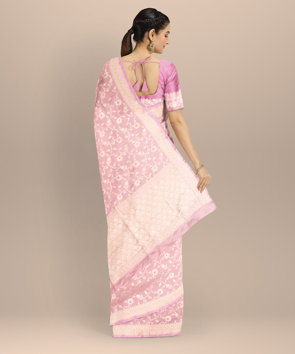 Peach silver zari silk handloom banarasi saree