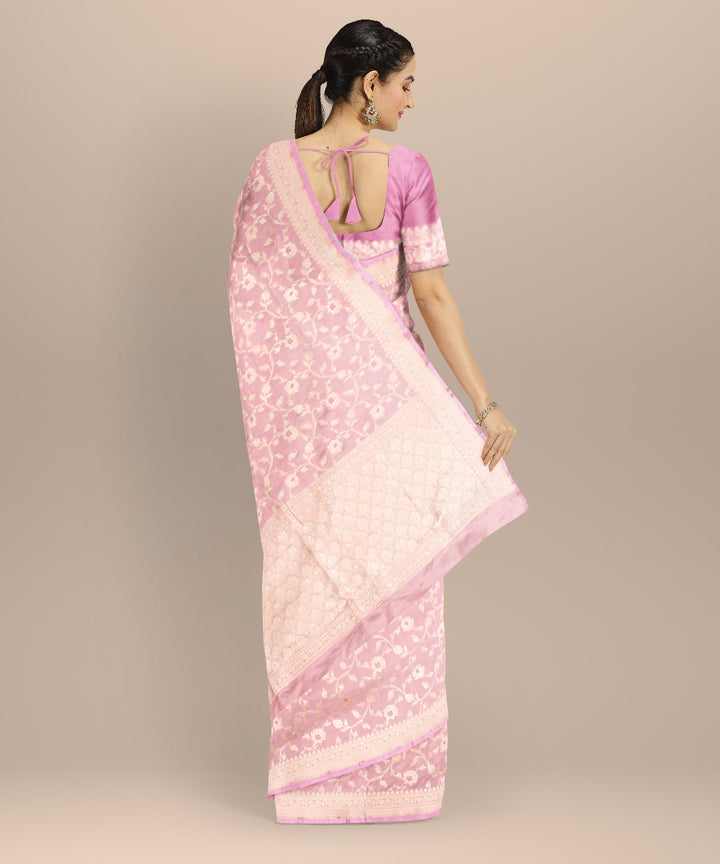 Peach silver zari silk handloom banarasi saree