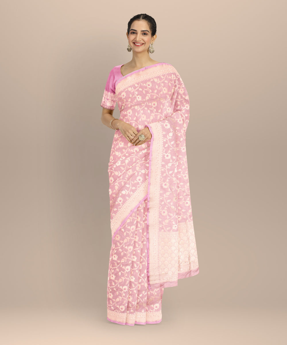 Peach silver zari silk handloom banarasi saree