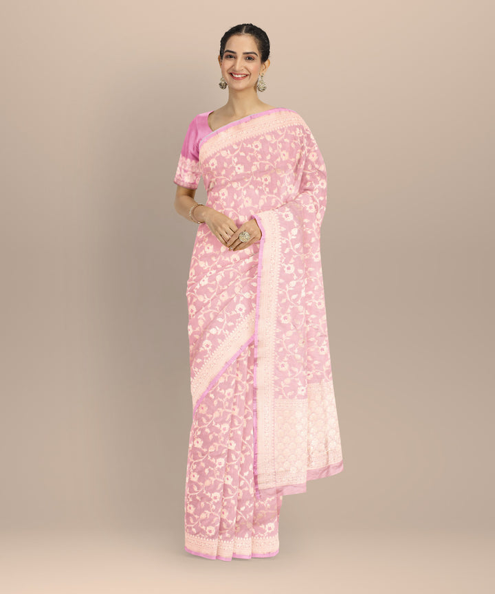 Peach silver zari silk handloom banarasi saree