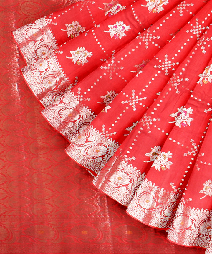 Red silver zari silk handloom banarasi saree