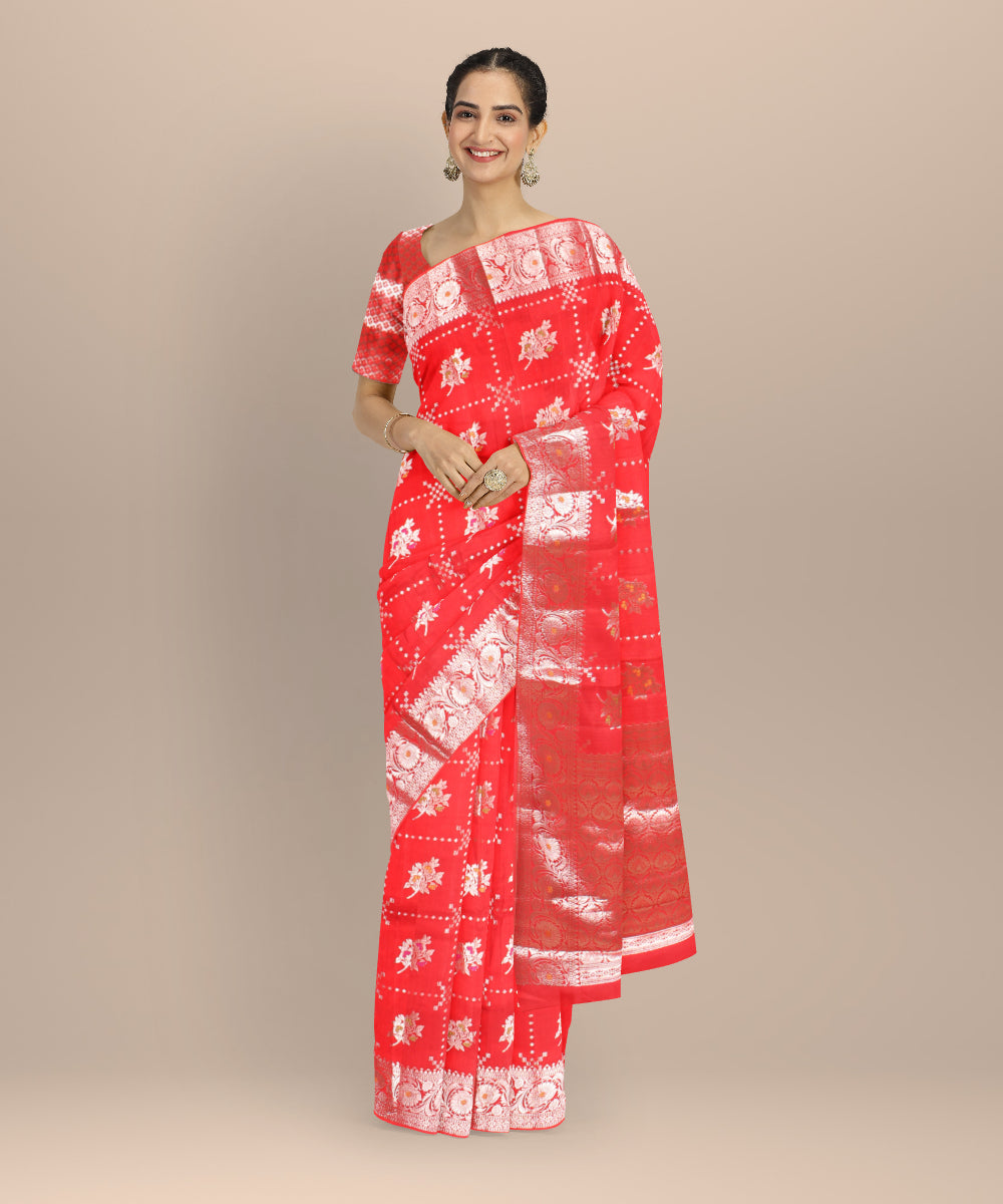 Red silver zari silk handloom banarasi saree