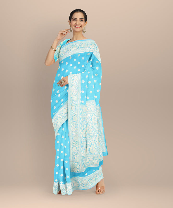 Sky blue golden silk handloom banarasi saree