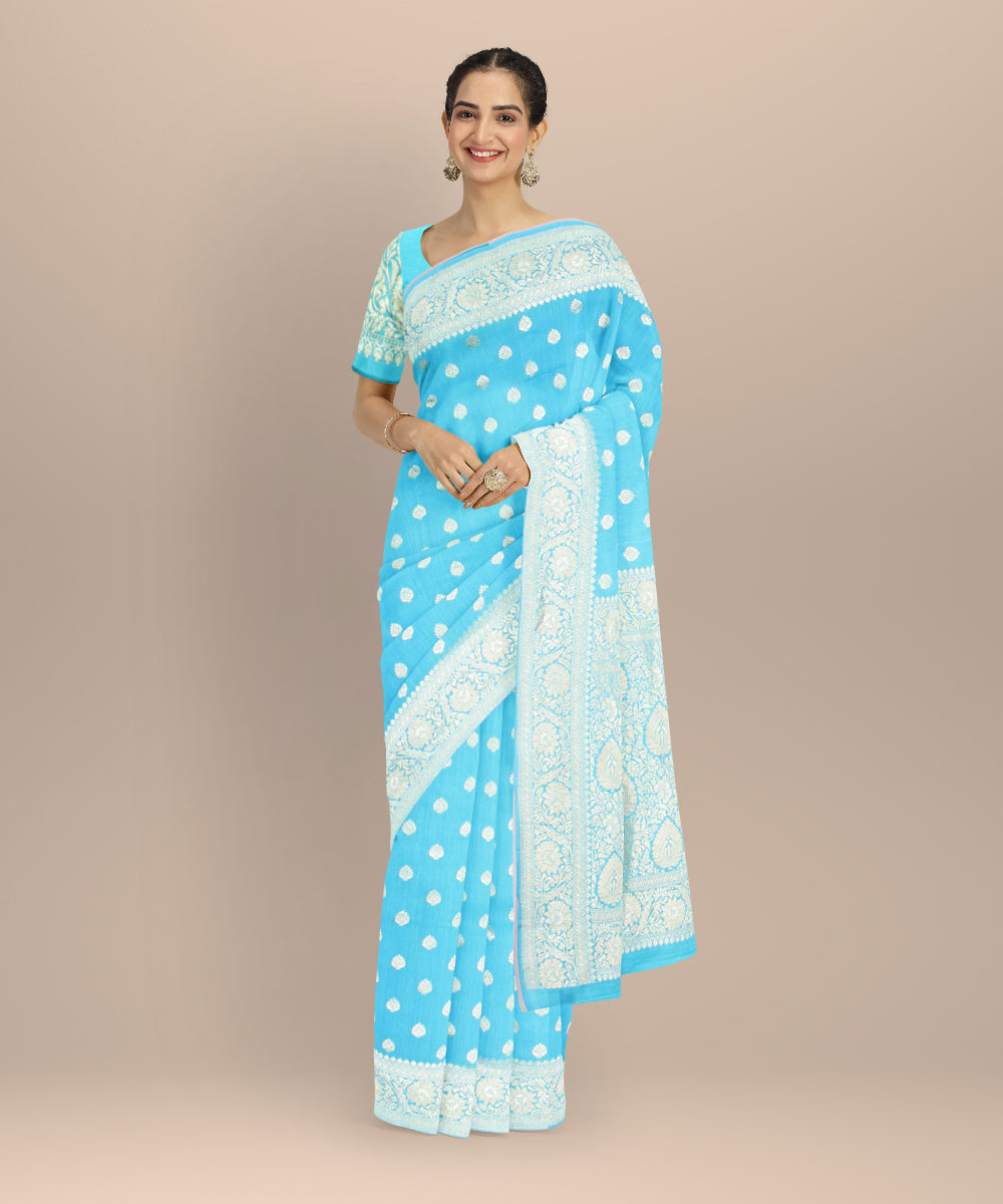 Sky blue golden silk handloom banarasi saree