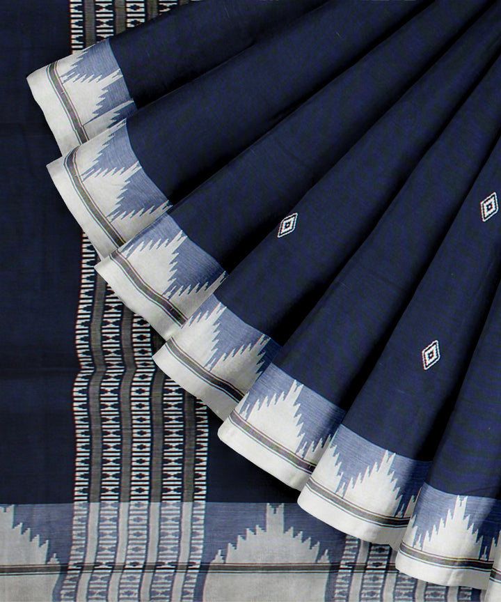 Navy blue white cotton handwoven kotpad saree