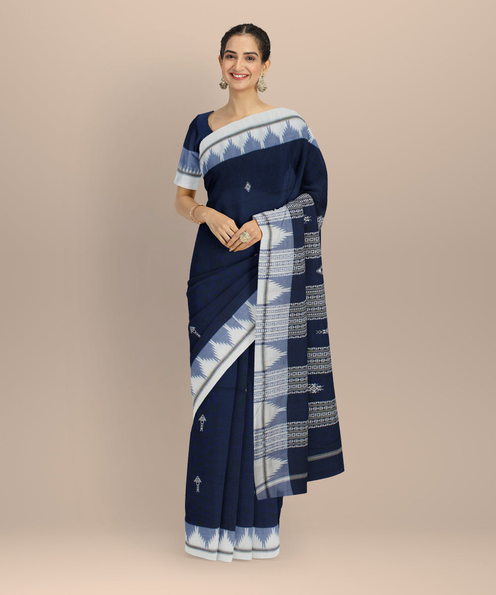 Navy blue white cotton handwoven kotpad saree