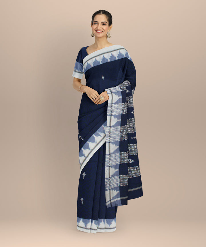 Navy blue white cotton handwoven kotpad saree