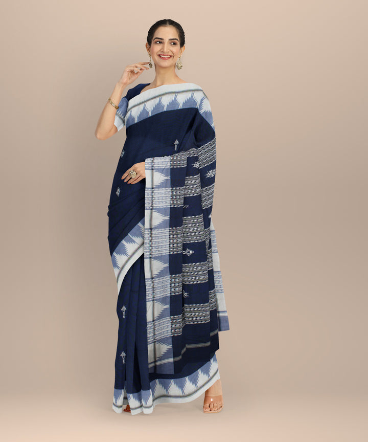 Navy blue white cotton handwoven kotpad saree