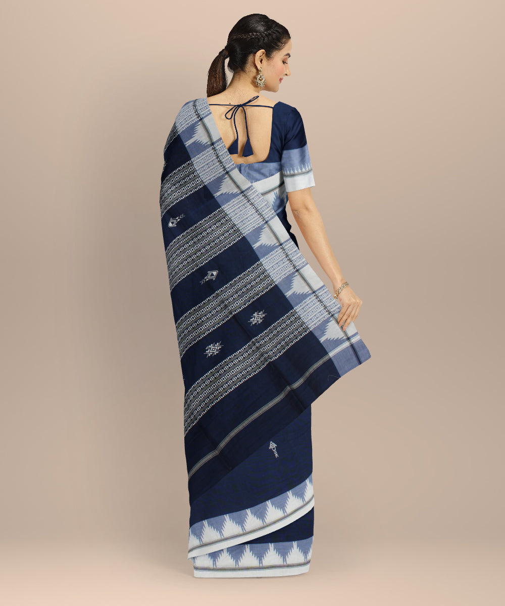 Navy blue white cotton handwoven kotpad saree