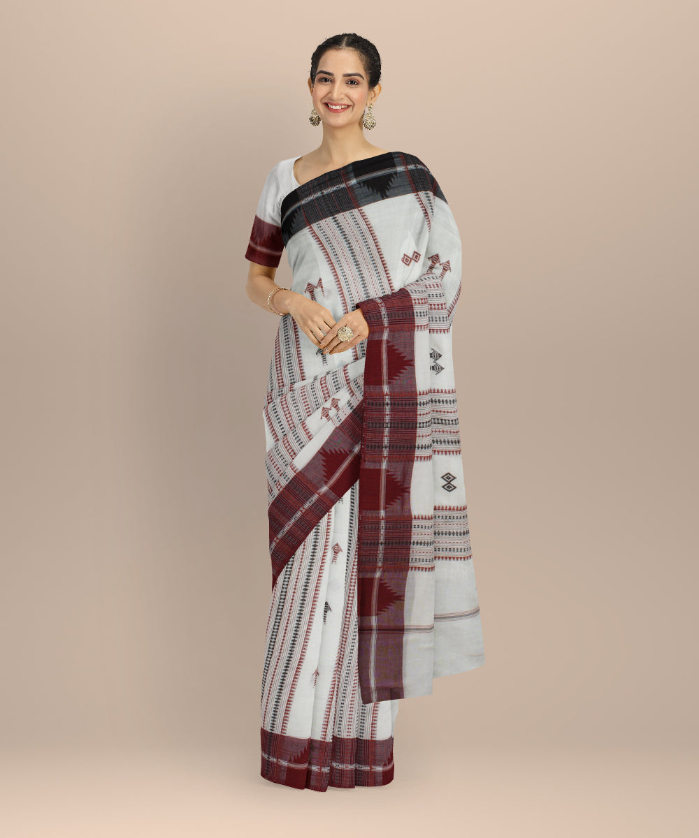Cream maroon handwoven cotton kotpad saree