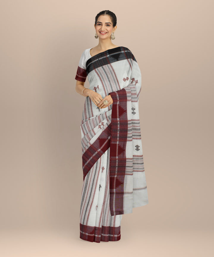 Cream maroon handwoven cotton kotpad saree