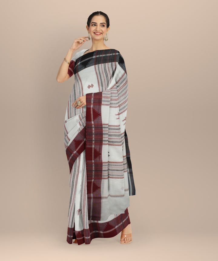 Cream maroon handwoven cotton kotpad saree