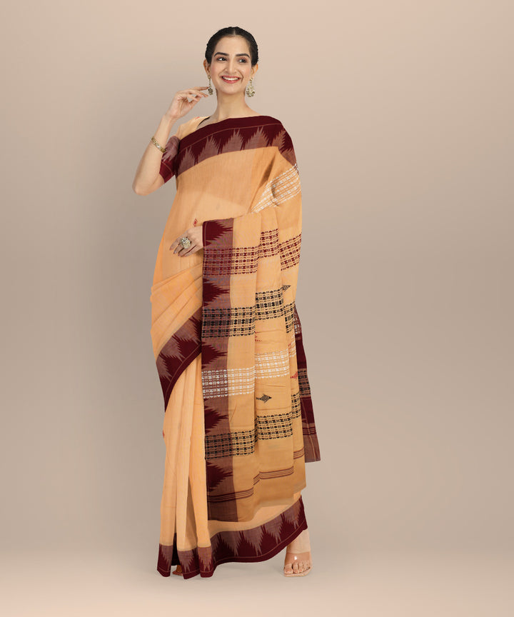 Beige maroon cotton handwoven kotpad saree