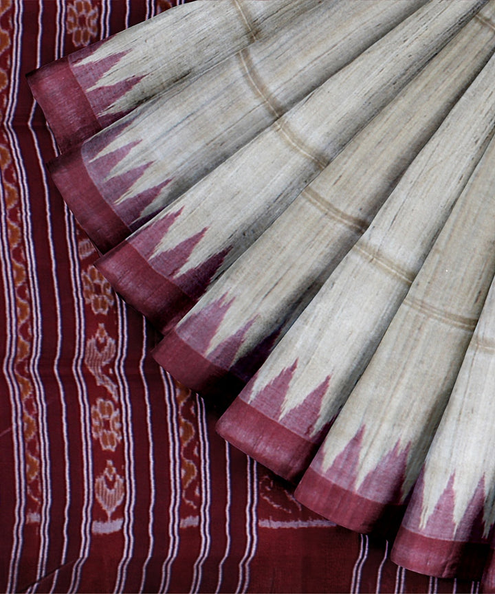 Beige maroon handwoven gopalpur tussar silk saree