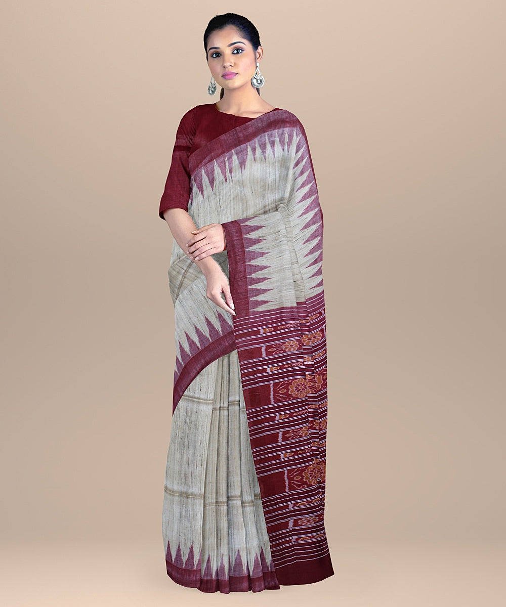 Grey red handwoven odisha ikat silk saree