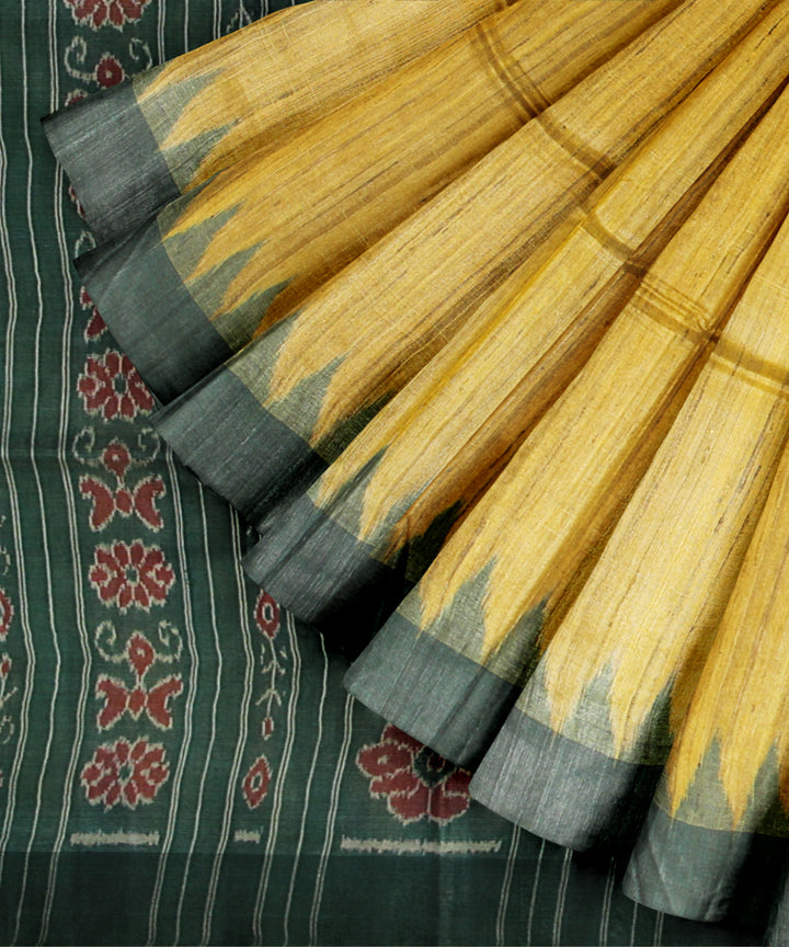 Yellow forest green tussar silk handwoven gopalpur saree