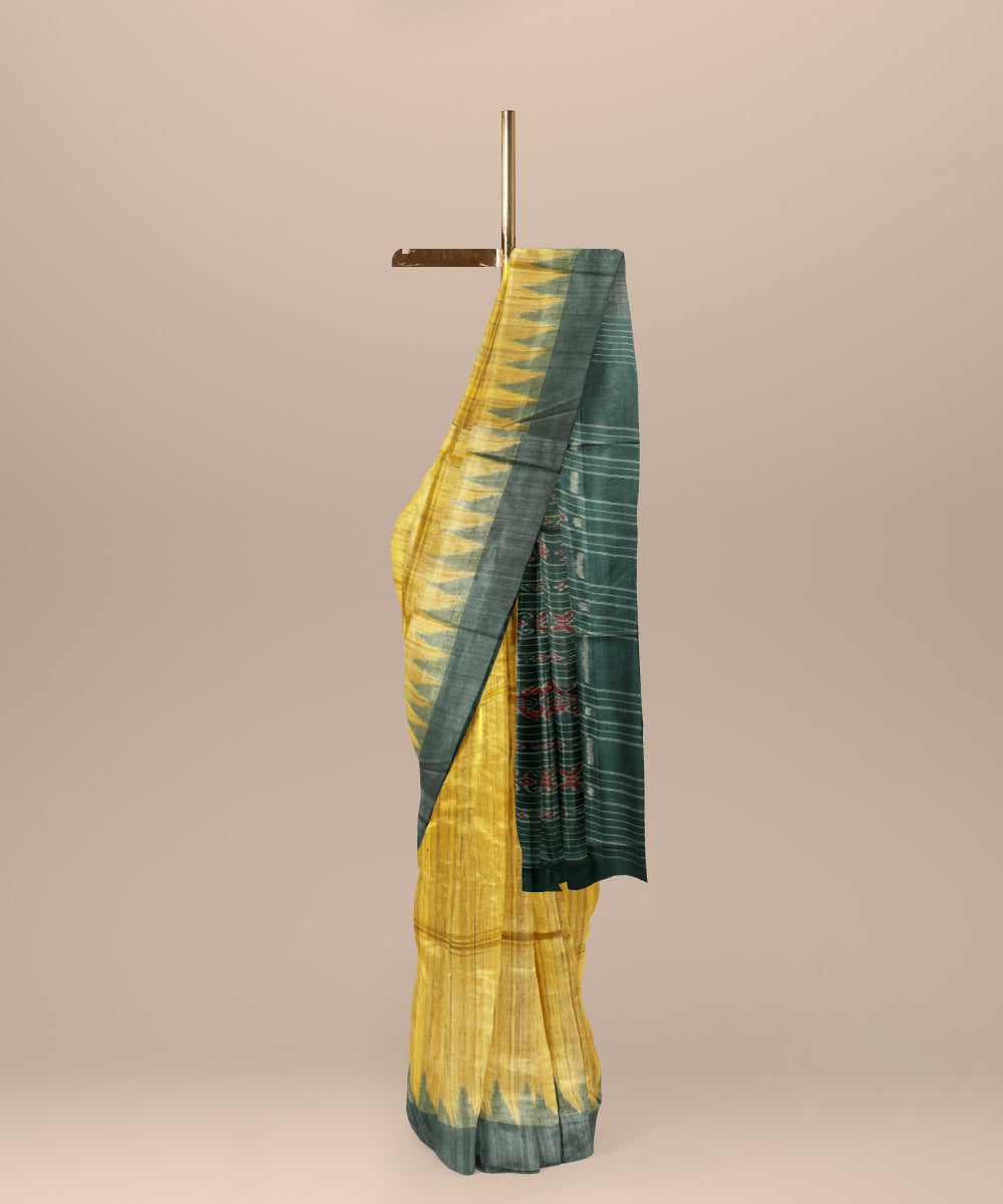 Yellow forest green tussar silk handwoven gopalpur saree