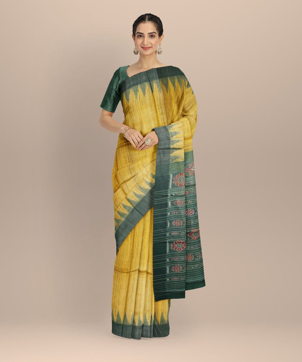 Yellow forest green tussar silk handwoven gopalpur saree