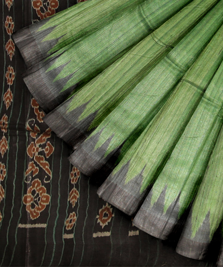 Lime green black tussar silk gopalpur handwoven saree