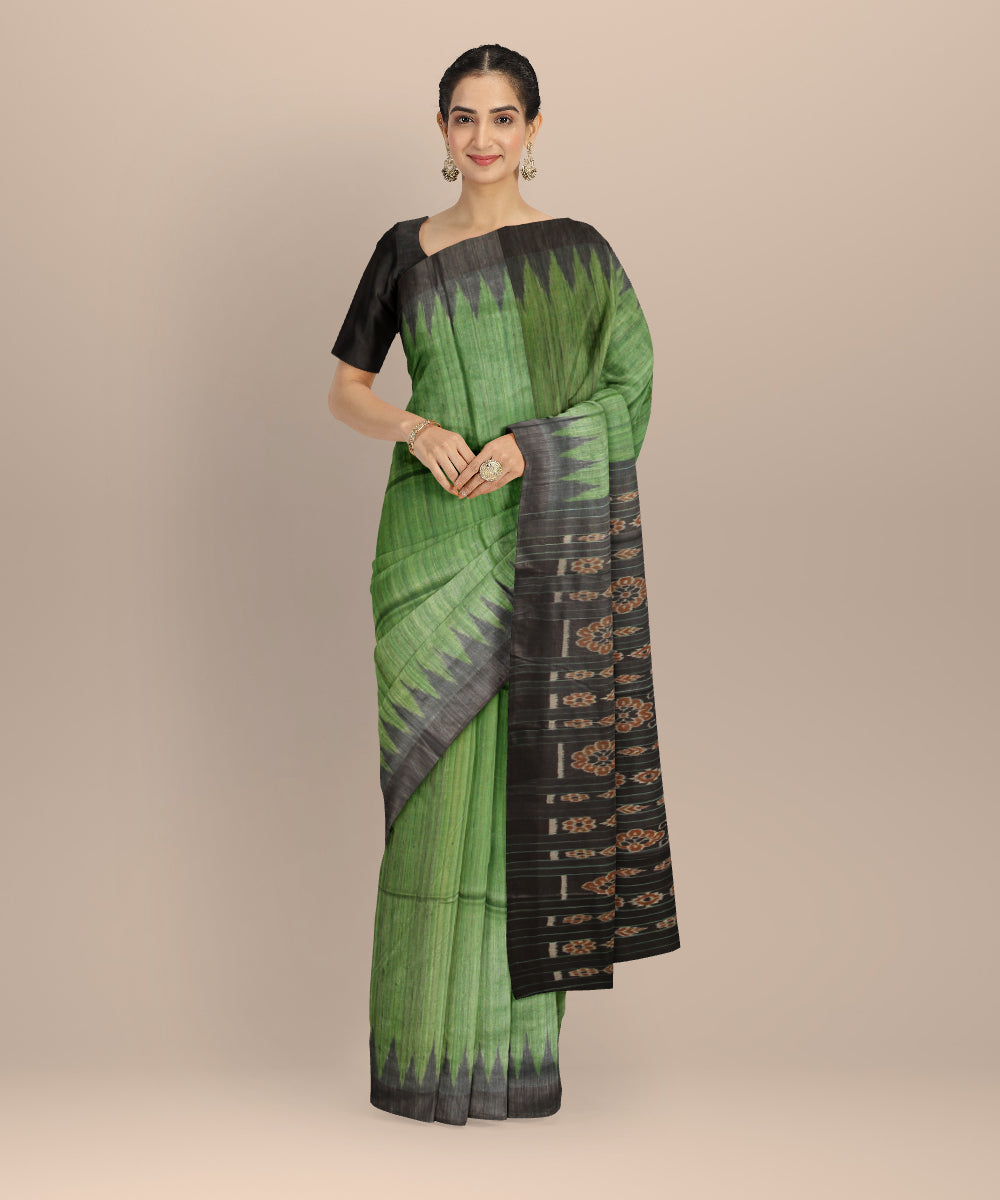 Lime green black tussar silk gopalpur handwoven saree