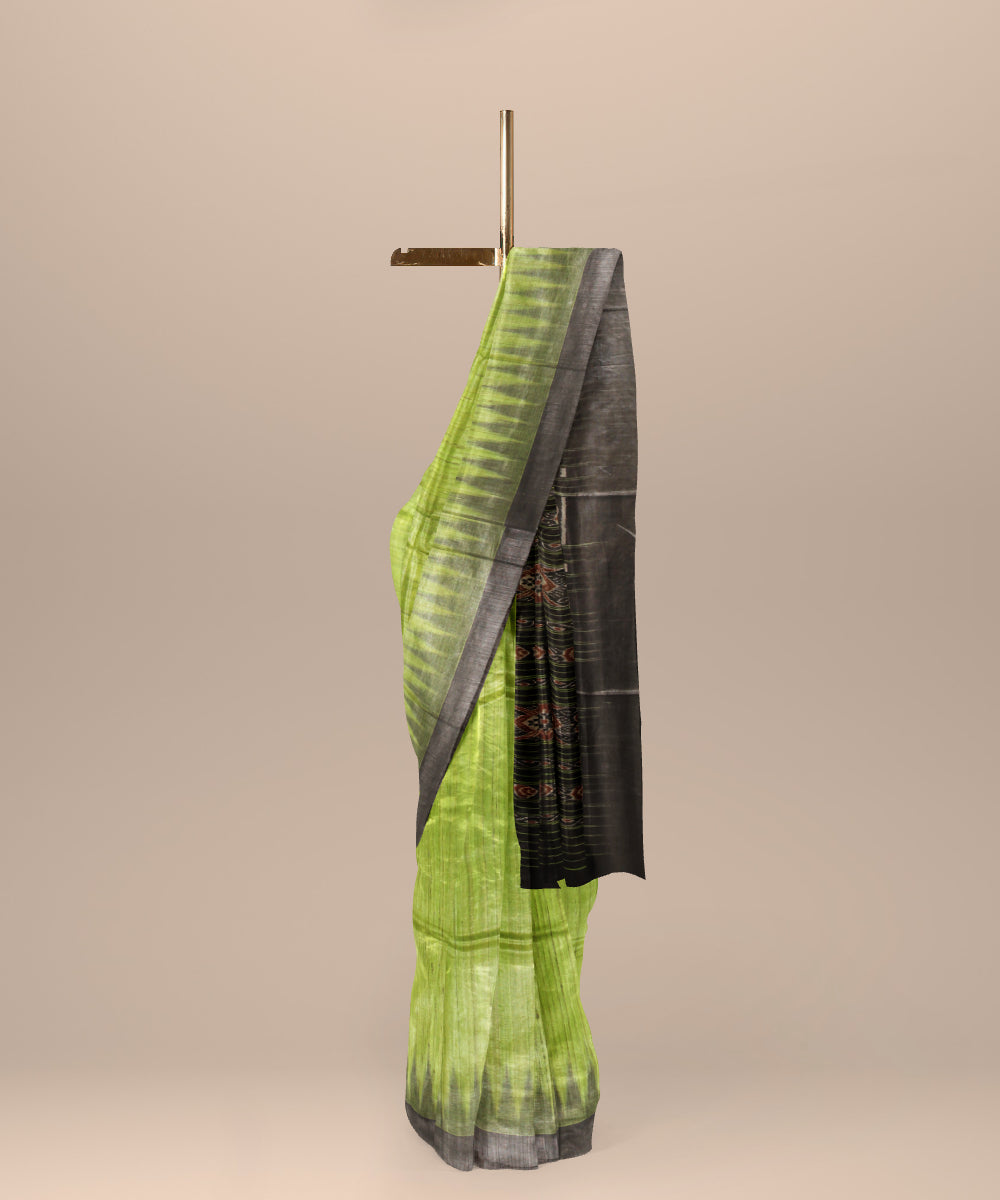 Lime green black tussar silk handwoven gopalpur saree