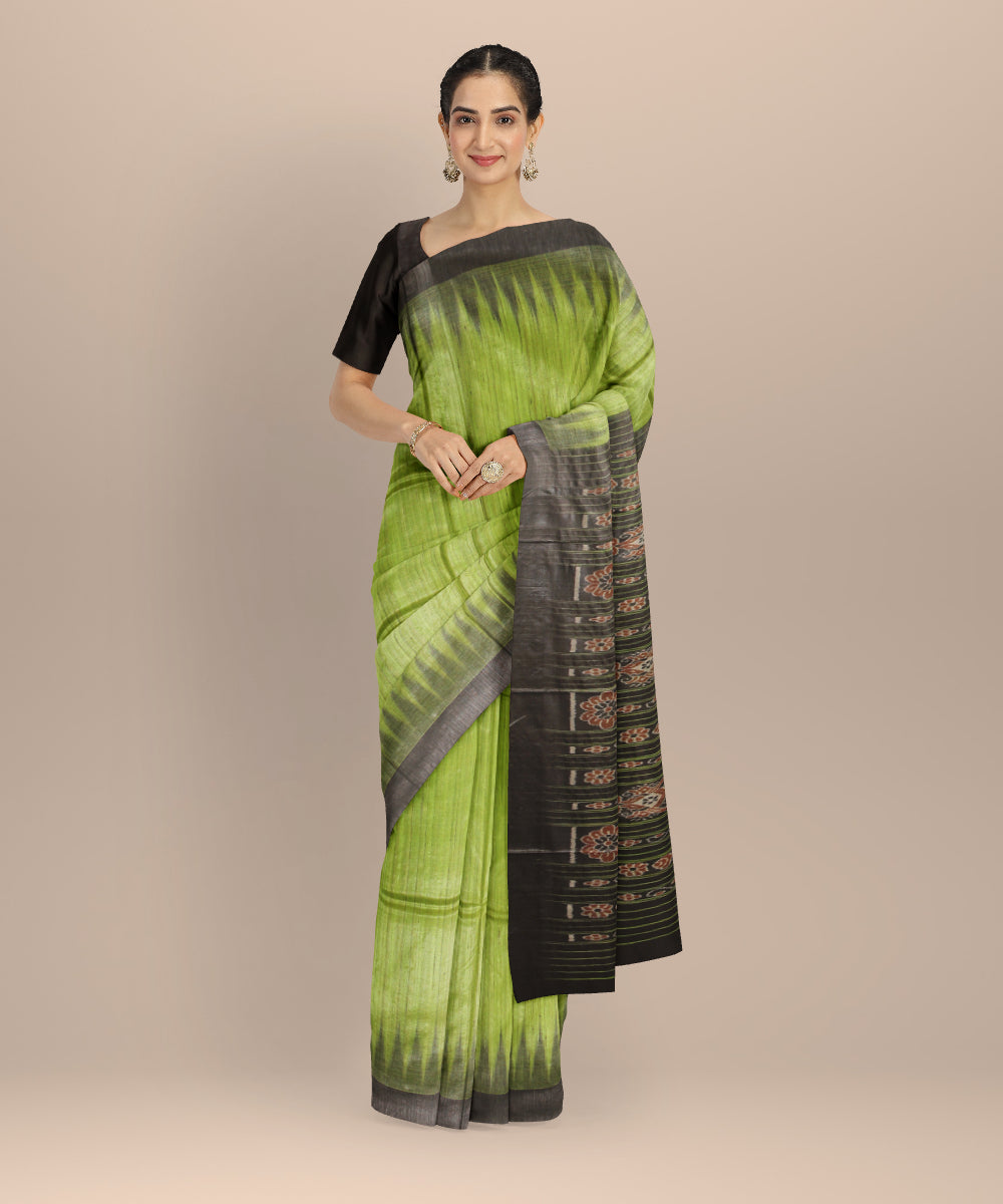 Lime green black tussar silk handwoven gopalpur saree