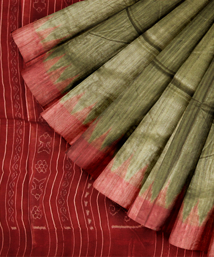 Olive green red tussar silk handwoven gopalpur saree