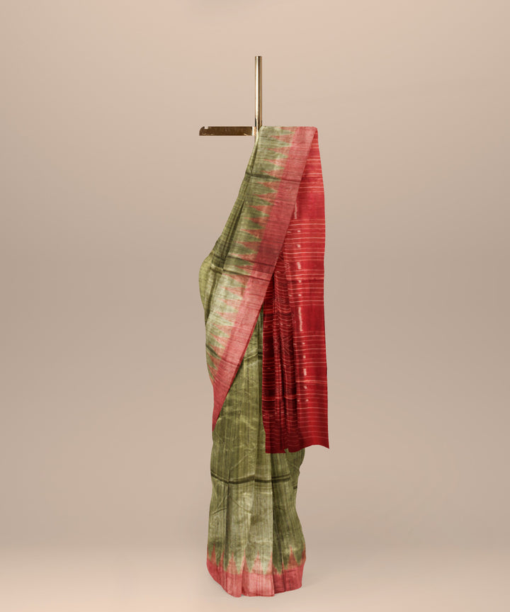 Olive green red tussar silk handwoven gopalpur saree