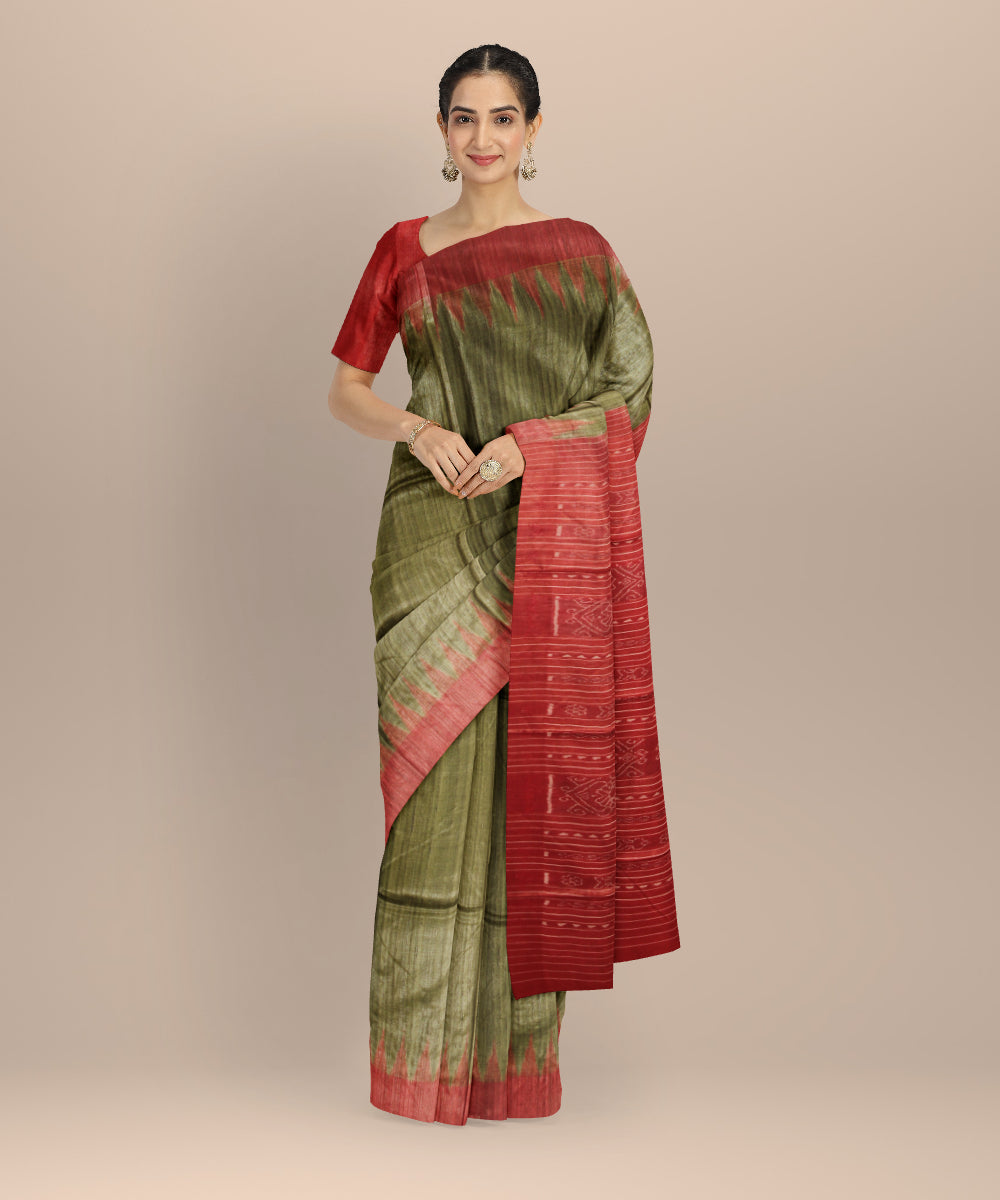 Olive green red tussar silk handwoven gopalpur saree