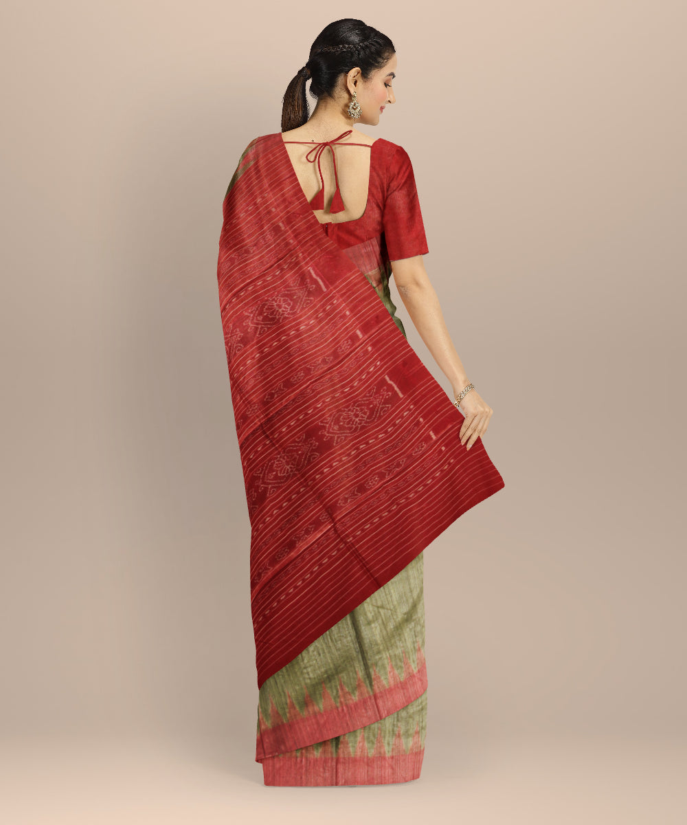 Olive green red tussar silk handwoven gopalpur saree