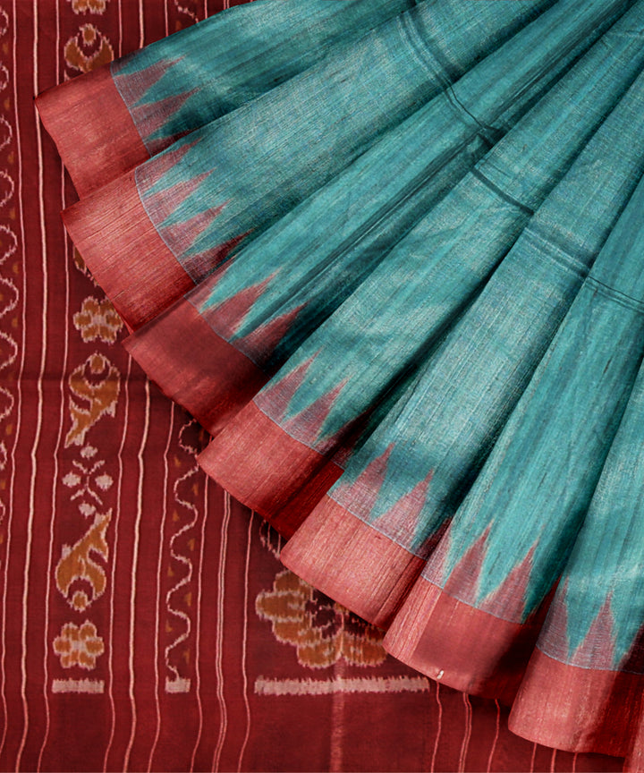 Sky blue red tussar silk handwoven gopalpur saree