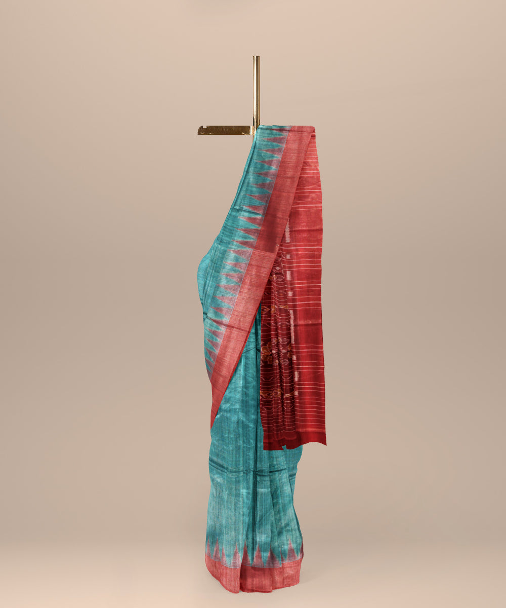 Sky blue red tussar silk handwoven gopalpur saree